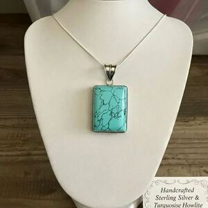 Handcrafted Silver & Natural Turquoise Howlite Rectangular Pendant Necklace